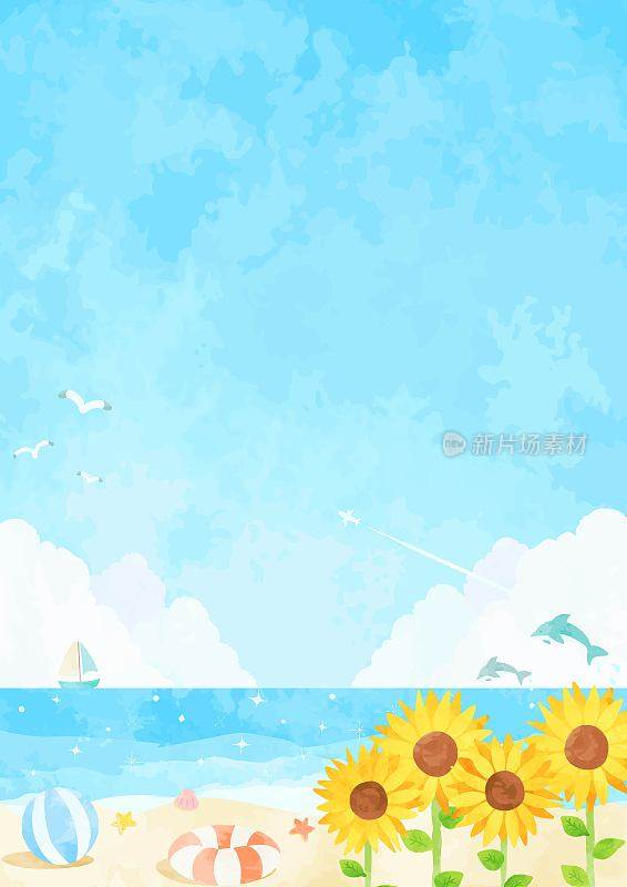 beautiful　watercolor　sea　&　sunflower　background　illustration　120